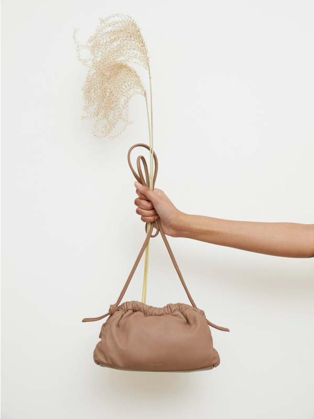 Mansur Gavriel Small Cloud Clutch Ruched Leather Crossbody Bag in Biscotto Tan